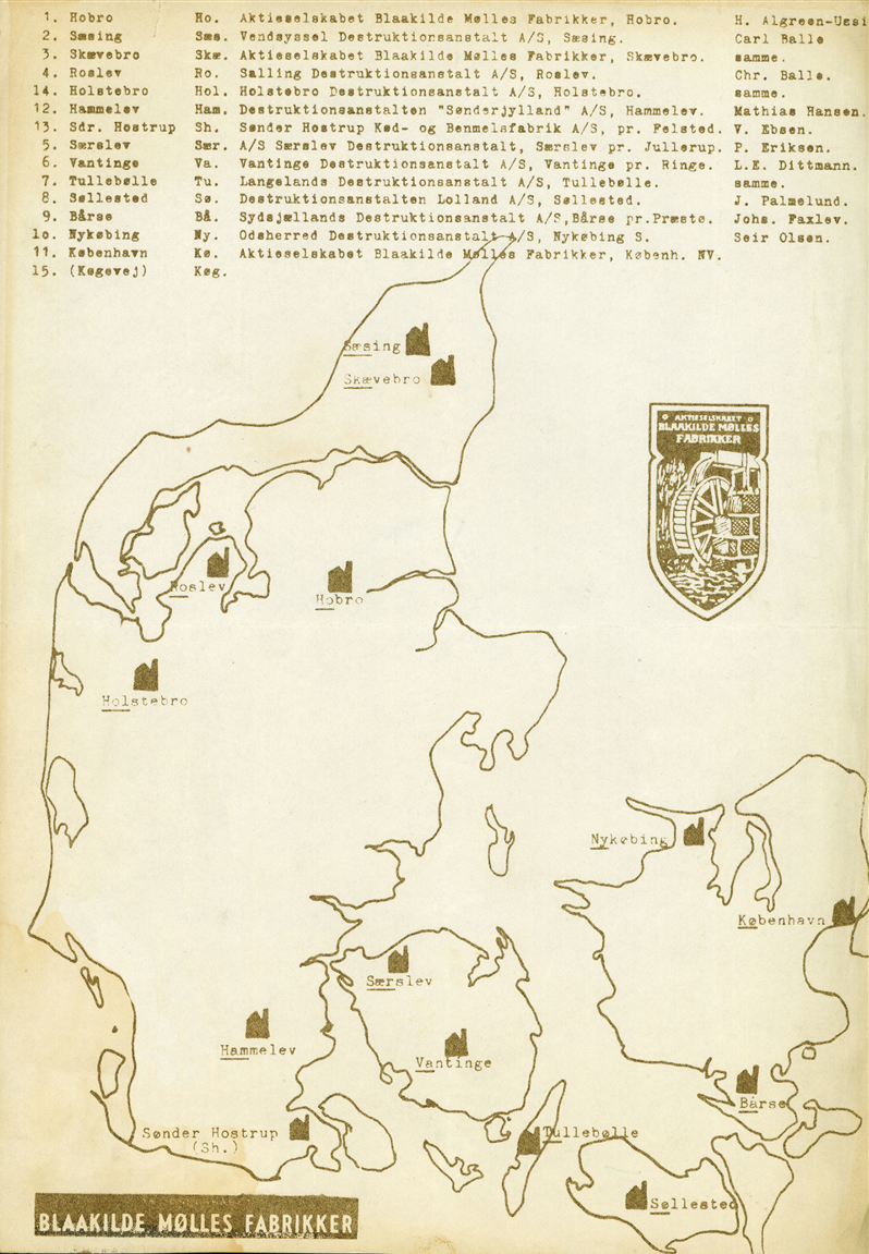 Blaakilde Mølles Fabrikker var fordelt over hele landet.
Logoet th. blev benyttet på Blaakildes sække med bl.a. benmel, foderblandinger og gødning.